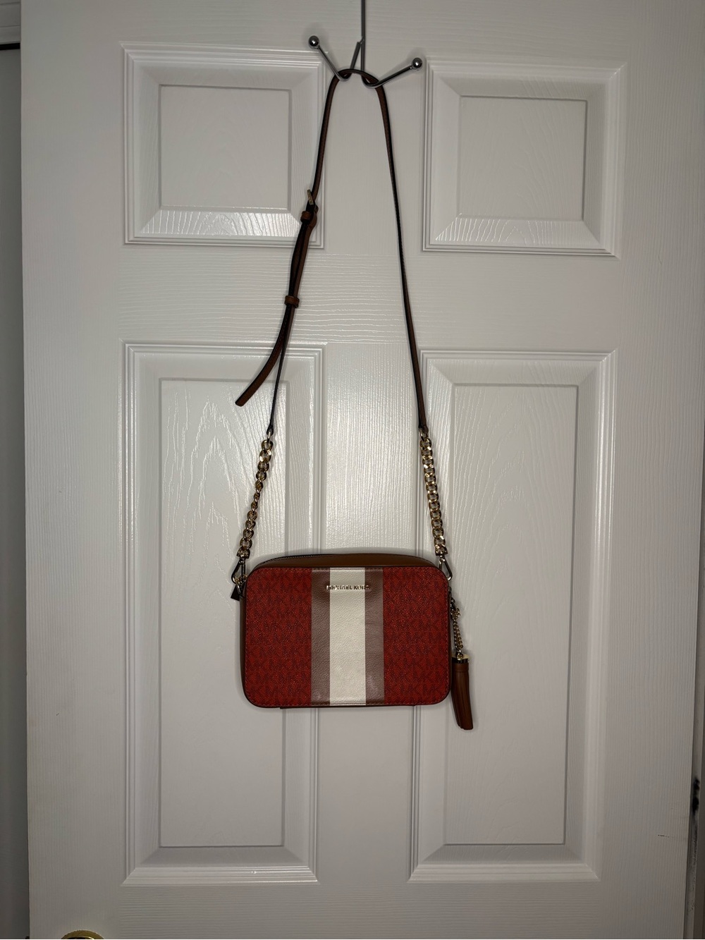 Michael Kors burnt orange & Cream Stripe Crossbody with Brown Trim & Gold Chain